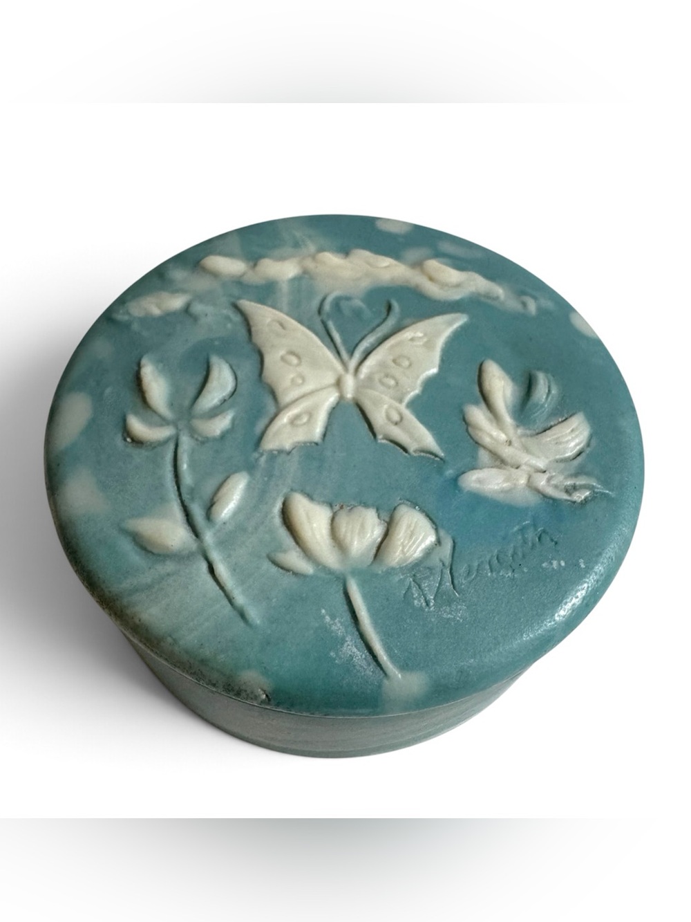 Vtg R Nemith Blue Butterfly Incolay Soapstone Jewelry Trinket Box Cottagecore
